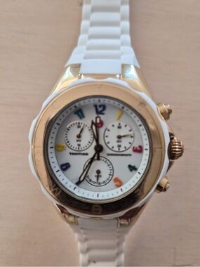 Michele White Silicone Strap Chronograph Watch with Gold Bezel